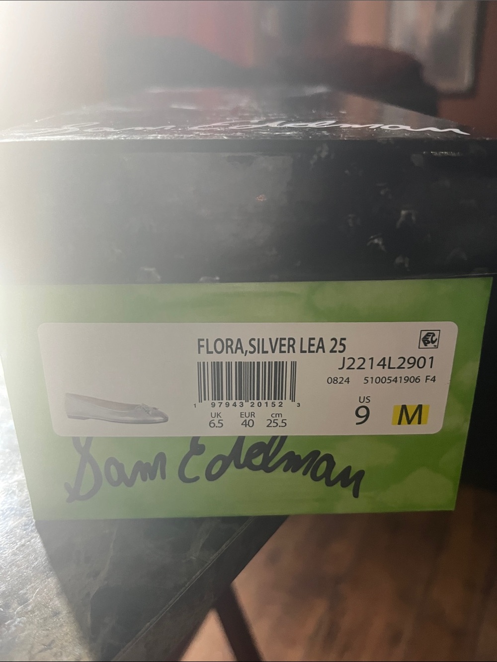 Sam Edelman Silver Flora Leather Ballet Flats Box Label
